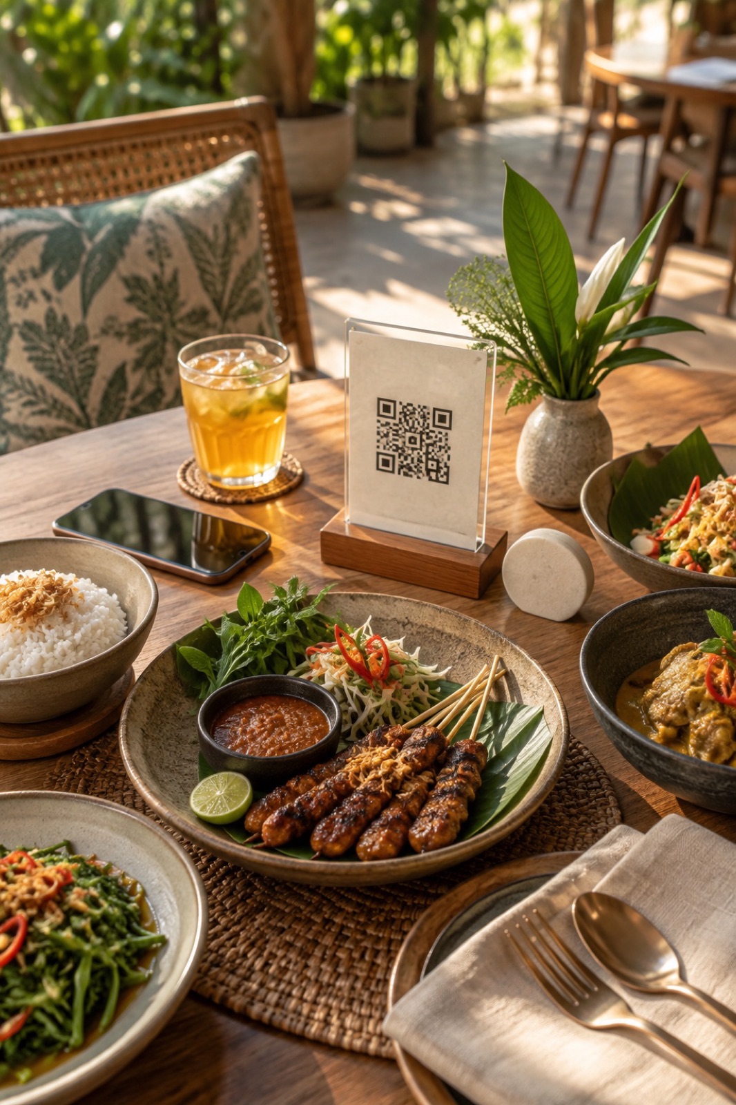 QR menu dan hidangan di meja restoran