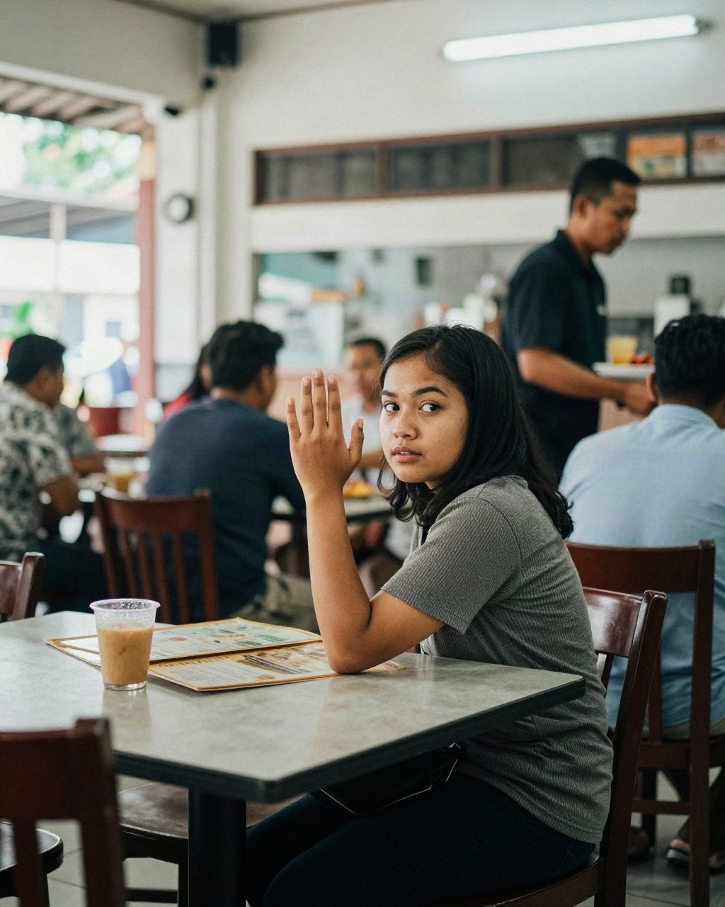 Pelanggan sudah duduk tapi masih menunggu pelayan